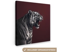 Canvas schilderij 20x20 cm - Wanddecoratie Tijger - Brult - Bordeaux - Muurdecoratie woonkamer - Slaapkamer decoratie - Kamer accessoires - Schilderijen op canvas