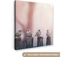 Canvas schilderij 20x20 cm - Wanddecoratie Vogels - Mussen - Paaltjes - Hout - Muurdecoratie woonkamer - Slaapkamer decoratie - Kamer accessoires - Schilderijen op canvas