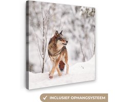 Canvas schilderij 20x20 cm - Wanddecoratie Wolf - Winter - Sneeuw - Natuur - Dieren - Muurdecoratie woonkamer - Slaapkamer decoratie - Kamer accessoires - Schilderijen op canvas
