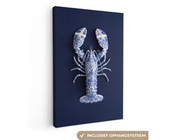 Canvas schilderij 20x30 cm - Exclusieve wanddecoratie Kreeft - Porselein - Delfts - Blauw - Muurdecoratie woonkamer - Slaapkamer decoratie - Kamer accessoires - Schilderijen op canvas