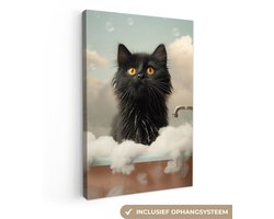 Canvas schilderij 20x30 cm - Wanddecoratie badkamer Kat - Bad - Zwart - Dieren - Schuim - Muurdecoratie WC - Decoratieve accessoires - Toilet muur decoratie - Schilderijen op canvas