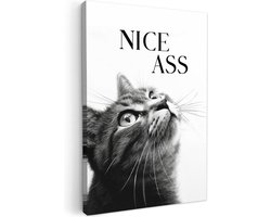 Canvas schilderij 20x30 cm - Wanddecoratie badkamer Katten - Nice ass - Quote - Zwart wit - Spreuken - Muurdecoratie WC - Decoratieve accessoires - Toilet muur decoratie - Schilderijen op canvas