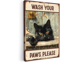 Canvas schilderij 20x30 cm - Wanddecoratie badkamer Vintage - Kat - Quotes - Wash your paws please - Spreuken - Muurdecoratie WC - Decoratieve accessoires - Toilet muur decoratie - Schilderijen op canvas