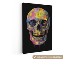 Canvas schilderij 20x30 cm - Wanddecoratie Penseelstreken - Schedel - Kleurrijk - Abstract - Muurdecoratie woonkamer - Slaapkamer decoratie - Kamer accessoires - Schilderijen op canvas