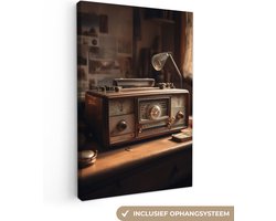 Canvas schilderij 20x30 cm - Wanddecoratie Vintage - Radio - Oud - Bureau - Lamp - Muurdecoratie woonkamer - Slaapkamer decoratie - Kamer accessoires - Schilderijen