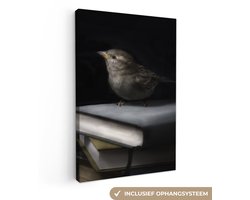 Canvas schilderij 20x30 cm - Wanddecoratie Vogel - Boeken - Portret - Muurdecoratie woonkamer - Slaapkamer decoratie - Kamer accessoires - Schilderijen op canvas