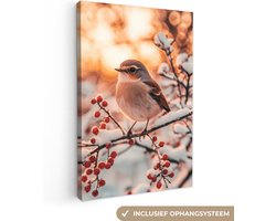 Canvas schilderij 20x30 cm - Wanddecoratie Vogel - Tak - Winter - Dieren - Sneeuw - Muurdecoratie woonkamer - Slaapkamer decoratie - Kamer accessoires - Schilderijen op canvas