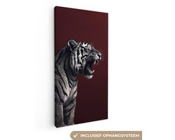 Canvas schilderij 20x40 cm - Wanddecoratie Tijger - Brult - Bordeaux - Muurdecoratie woonkamer - Slaapkamer decoratie - Kamer accessoires - Schilderijen op canvas
