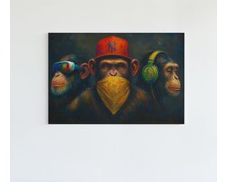 Canvas Schilderij - 3 Apen - Apentrots - Wanddecoratie - 60x40x2 cm