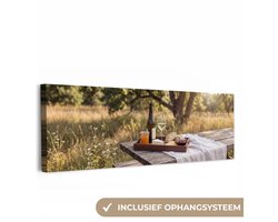 Canvas schilderij 300x100 cm - Exclusieve wanddecoratie Picknick - Wijn - Kaasplankje - Muurdecoratie woonkamer - Slaapkamer decoratie - Kamer accessoires - Schilderijen op canvas