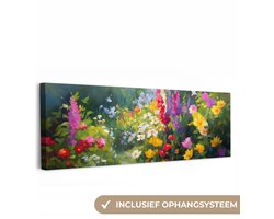 Canvas schilderij 300x100 cm - Exclusieve wanddecoratie Zomertuin - Sfeervol - Bloemen - Muurdecoratie woonkamer - Slaapkamer decoratie - Kamer accessoires - Schilderijen op canvas