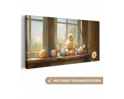 Canvas schilderij 300x140 cm - Exclusieve wanddecoratie Kuiken - Raam - Paaseieren - Muurdecoratie woonkamer - Slaapkamer decoratie - Kamer accessoires - Schilderijen op canvas - Pasen - Paasdecoratie - Paas versiering