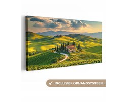 Canvas schilderij 300x140 cm - Exclusieve wanddecoratie Toscane - Landschap - Wijngaarden - Muurdecoratie woonkamer - Slaapkamer decoratie - Kamer accessoires - Schilderijen op canvas