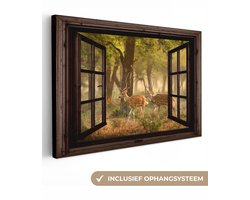 Canvas schilderij 30x20 cm - Wanddecoratie Herten - Bos - Herfst - Bosdieren - Natuur - Hert - Doorkijk - Muurdecoratie woonkamer - Slaapkamer decoratie - Kamer accessoires - Schilderijen op canvas