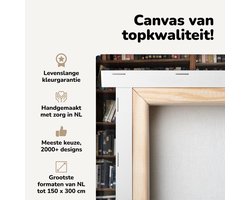 Canvas schilderij 30x20 cm - Wanddecoratie Ladder tegen een boekenkast in de bibliotheek - Muurdecoratie woonkamer - Slaapkamer decoratie - Kamer accessoires - Schilderijen op canvas