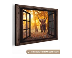 Canvas schilderij 30x20 cm - Wanddecoratie Schotse hooglander - Bos - Herfst - Dieren - Natuur - Bladeren - Doorkijk - Muurdecoratie woonkamer - Slaapkamer decoratie - Kamer accessoires - Schilderijen op canvas