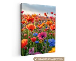 Canvas Schilderij 30x40 cm - Bloemen - Klaprozen - Kleurrijk - Natuur - Wanddecoratie woonkamer - Muurdecoratie keuken - Slaapkamer decoratie - Schilderijen - Woonaccessoires