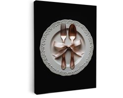 Canvas schilderij 30x40 cm - Exclusieve wanddecoratie Rose - Strik - Bestek - Muurdecoratie woonkamer - Slaapkamer decoratie - Kamer accessoires - Schilderijen op canvas