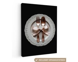 Canvas schilderij 30x40 cm - Exclusieve wanddecoratie Rose - Strik - Bestek - Muurdecoratie woonkamer - Slaapkamer decoratie - Kamer accessoires - Schilderijen op canvas