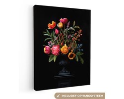 Canvas schilderij 30x40 cm - Exclusieve wanddecoratie Tulpen - Bessen - Boeket - Vaas - Muurdecoratie woonkamer - Slaapkamer decoratie - Kamer accessoires - Schilderijen op canvas