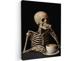 Canvas Schilderij 30x40 cm Kamer Muur Schilderijen Decoratie Woonkamer Slaapkamer Room Decor Wall Decoration Art Painting Skelet - Koffie - Drinken - Schedel - Tafel