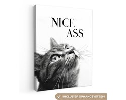 Canvas schilderij 30x40 cm - Wanddecoratie badkamer Katten - Nice ass - Quote - Zwart wit - Spreuken - Muurdecoratie WC - Decoratieve accessoires - Toilet muur decoratie - Schilderijen op canvas