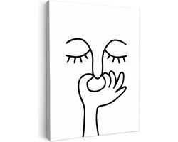 Canvas schilderij 30x40 cm - Wanddecoratie badkamer Line art - Gezicht - Wit - Muurdecoratie WC - Decoratieve accessoires - Toilet muur decoratie - Schilderijen op canvas
