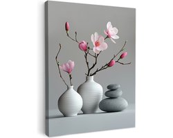 Canvas schilderij 30x40 cm - Wanddecoratie badkamer Magnolia - Bloemen - Roze - Zen stenen - Muurdecoratie WC - Decoratieve accessoires - Toilet muur decoratie - Schilderijen op canvas