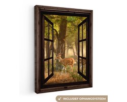 Canvas schilderij 30x40 cm - Wanddecoratie Herten - Bos - Herfst - Bosdieren - Natuur - Hert - Doorkijk - Muurdecoratie woonkamer - Slaapkamer decoratie - Kamer accessoires - Schilderijen op canvas