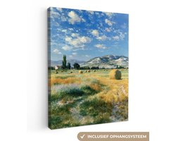 Canvas schilderij 30x40 cm - Wanddecoratie Landschap - Strobalen - Bergen - Wolken - Muurdecoratie woonkamer - Slaapkamer decoratie - Kamer accessoires - Schilderijen op canvas