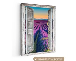 Canvas schilderij 30x40 cm - Wanddecoratie Lavendel - Zomer - Doorkijk - Bloemen - Muurdecoratie woonkamer - Slaapkamer decoratie - Kamer accessoires - Schilderijen op canvas