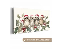 Canvas schilderij 40x20 cm - Exclusieve wanddecoratie Uilen - Tak - Hulstblaadjes - Kerstmuts - Muurdecoratie woonkamer - Kamer decoratie - Schilderijen op canvas - Kerstdecoratie voor binnen - Kerstversiering - Kerstmis versiering