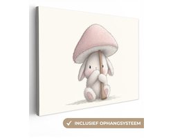 Canvas schilderij 40x30 cm - Exclusieve wanddecoratie Paddenstoel - Konijn - Roze - Kinderkamer schilderijen - Muurdecoratie babykamer - Kamer decoratie voor jongens en meisjes - Baby accessoires