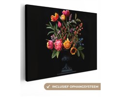 Canvas schilderij 40x30 cm - Exclusieve wanddecoratie Tulpen - Bessen - Boeket - Vaas - Muurdecoratie woonkamer - Slaapkamer decoratie - Kamer accessoires - Schilderijen op canvas