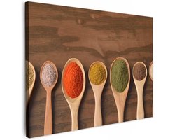 Canvas Schilderij 40x30 cm Kamer Muur Decoratie Woonkamer Slaapkamer Room Decor Wall Decoration Art Painting Pollepel - Kruiden - Eten - Specerijen - Tafel