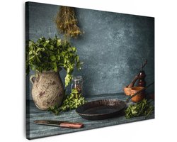 Canvas Schilderij 40x30 cm Kamer Muur Schilderijen Decoratie Woonkamer Slaapkamer Room Decor Wall Decoration Art Painting Kruiden - Specerijen - Pan - Mes - Grijs - Rustiek
