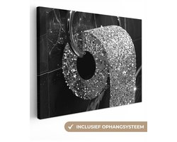 Canvas schilderij 40x30 cm - Wanddecoratie badkamer WC - Toilet papier - Zwart wit - Glitters - Muurdecoratie WC - Decoratieve accessoires - Toilet muur decoratie - Schilderijen op canvas