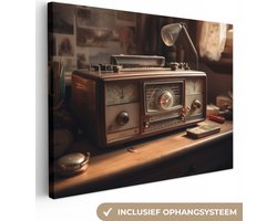 Canvas schilderij 40x30 cm - Wanddecoratie Vintage - Radio - Oud - Bureau - Lamp - Muurdecoratie woonkamer - Slaapkamer decoratie - Kamer accessoires - Schilderijen