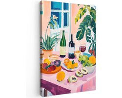 Canvas Schilderij 40x60 cm Kamer Decoratie Woonkamer Schilderijen Slaapkamer Room Decor Wanddecoratie Wall Art Painting Tafel - Wijn - Fruit