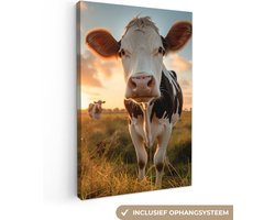 Canvas Schilderij 40x60 cm - Koe - Weiland - Dieren portret - Natuur - Koeien - Wanddecoratie woonkamer - Kamer decoratie - Slaapkamer accessoires - Wanddoek binnen - Schilderijen