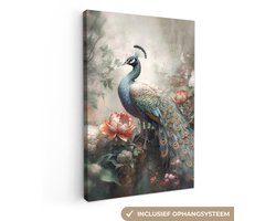 Canvas schilderij 40x60 cm - Pauw vogel - Kamer decoratie accessoires jungle - Schilderijen woonkamer bloemen - Wanddecoratie vogels slaapkamer - Muurdecoratie keuken - Wanddoek interieur binnen - Woondecoratie huis