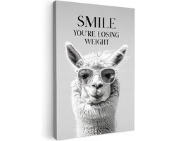 Canvas schilderij 40x60 cm - Wanddecoratie badkamer Quotes - Lama - Smile - Spreuken - Grijs - Muurdecoratie WC - Decoratieve accessoires - Toilet muur decoratie - Schilderijen op canvas