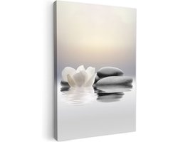 Canvas schilderij 40x60 cm - Wanddecoratie badkamer Stenen - Lotus - Wit - Water - Zen - Muurdecoratie WC - Decoratieve accessoires - Toilet muur decoratie - Schilderijen op canvas
