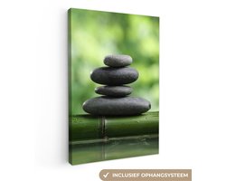 Canvas schilderij 40x60 cm - Wanddecoratie badkamer Zen - Stenen - Groen - Natuur - Bamboe - Muurdecoratie WC - Decoratieve accessoires - Toilet muur decoratie - Schilderijen op canvas