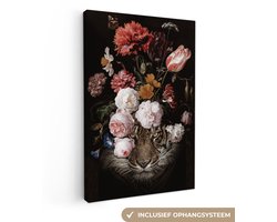 Canvas schilderij 40x60 cm - Wanddecoratie Bloemen - Jan Davidsz de Heem - Tijger - Schilderij - Stilleven - Oude meesters - Muurdecoratie woonkamer - Slaapkamer decoratie - Kamer accessoires - Schilderijen op canvas