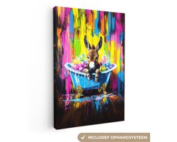 Canvas schilderij 40x60 cm - Wanddecoratie Ezel - Badkuip - Roze - Schuim - Muurdecoratie woonkamer - Slaapkamer decoratie - Kamer accessoires - Schilderijen op canvas