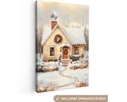 Canvas schilderij 40x60 cm - Wanddecoratie Kerst - Huis - Winter - Sneeuw - Muurdecoratie woonkamer - Slaapkamer decoratie - Kamer accessoires - Schilderijen op canvas - Kerstdecoratie voor binnen - Kerstversiering - Kerstmis versiering