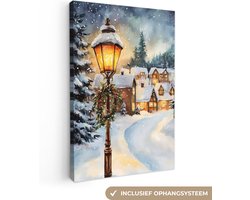Canvas schilderij 40x60 cm - Wanddecoratie Kerstdorp - Huizen - Sneeuw - Kerst - Muurdecoratie woonkamer - Slaapkamer decoratie - Kamer accessoires - Schilderijen op canvas - Kerstdecoratie voor binnen - Kerstversiering - Kerstmis versiering