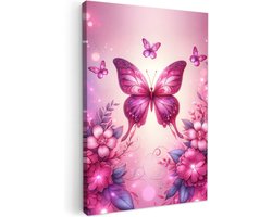 Canvas schilderij 40x60 cm - Wanddecoratie kinderkamer Vlinder - Roze - Bloemen - Muurdecoratie babykamer - Kamer decoratie voor jongens en meisjes - Baby accessoires - Schilderijen