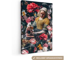 Canvas schilderij 40x60 cm - Wanddecoratie Melkmeisje - Johannes Vermeer - Bloemen - Roze - Muurdecoratie woonkamer - Slaapkamer decoratie - Kamer accessoires - Schilderijen op canvas